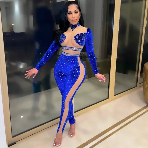 Nightclub style sexy net yarn perspective stitching flannel hot diamond jumpsuit women