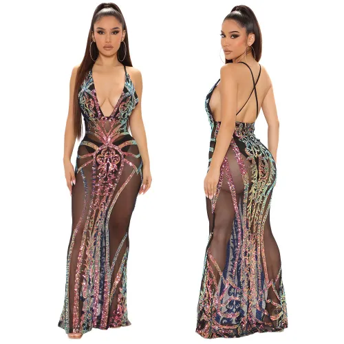 Fashion sexy deep v sling cross sequin dress without panties