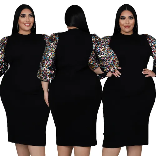 Women's clothing new sexy solid color sequined puff sleeve fat lady dress fat lady dress