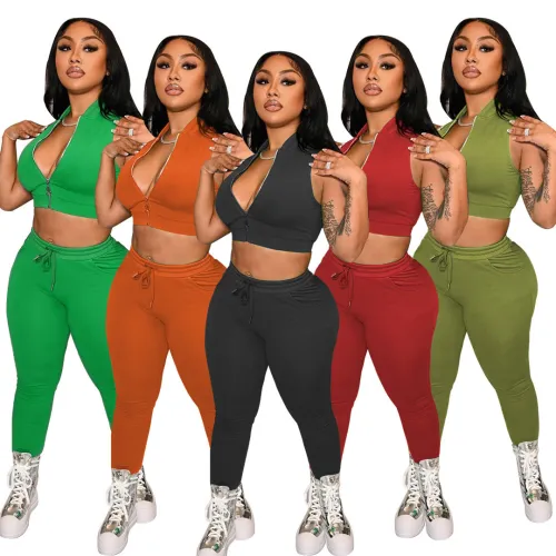 Women's cute baseball uniform collar zipper vest pants two-piece suit