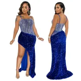 Sexy fashion sling irregular high slit sequin leaky back dress