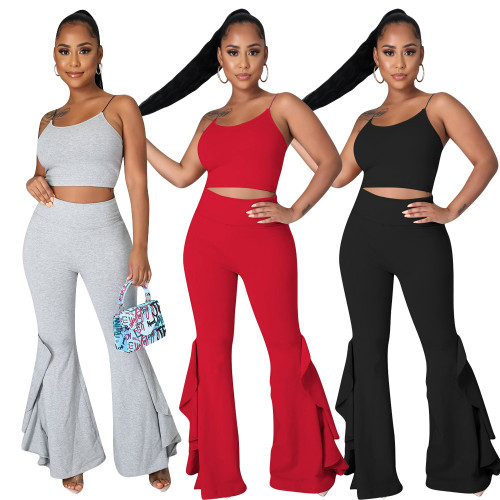 Women's Fashion New Ruffled High Waist Slim Flared Pants Two-Piece Set