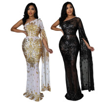 Fashion nightclub party dress see-through sequin one-shoulder long skirt without panties