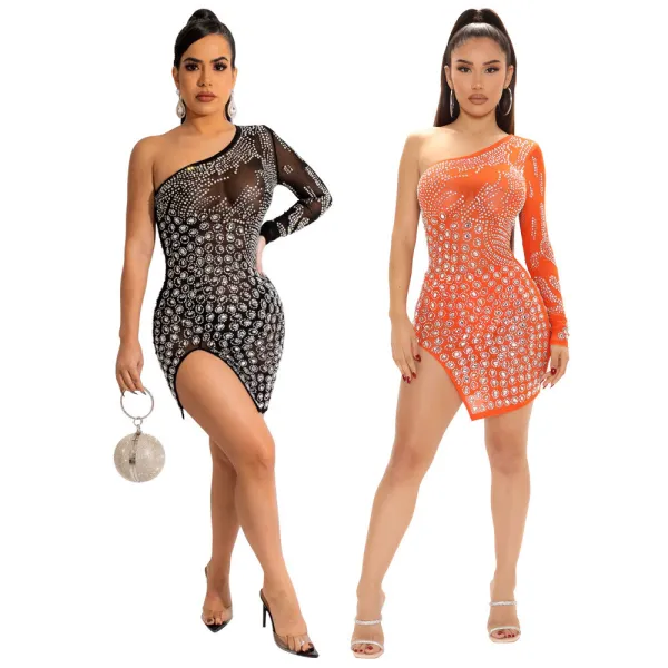 New sexy nightclub women's one-shoulder perspective fashion hot diamond dress