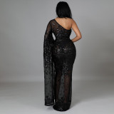 Fashion nightclub party dress see-through sequin one-shoulder long skirt without panties