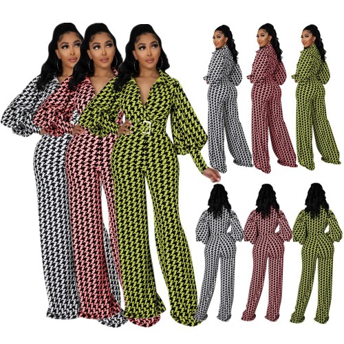 New printed lantern puff sleeve wide-leg jumpsuit (including belt)