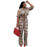 Fashion casual suit printed long-sleeved lapel shirt casual straight-leg pants suit