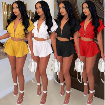New Women's Summer Solid Color Zipper Hooded Two Piece Set