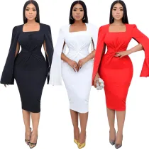 Women's winter beaded cloak twisted waist solid color dress