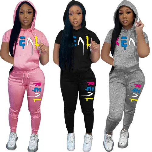 statement print hooded casual suit