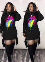 Women's Digital Printed Colorful Tongue-Head Band Long Sleeve Dress