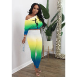 Sexy Inclined Collar Off Shoulder High Waist Suit Colorful Gradient Color Fluorescent Letters
