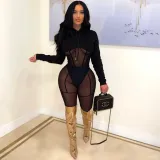 Sexy sheer gauze long-sleeved two-piece nightclub suit