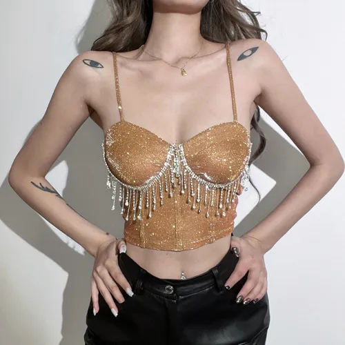 Spring and summer new women's suspenders with a word collar rhinestone tassel sexy navel slim vest women