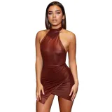 Sexy halterneck high waist dress bright open back leather skirt PH168-392
