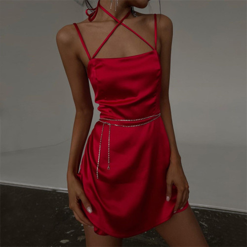 Spring and summer new women's fashion suspenders sexy one-shoulder open-back slim dress women
