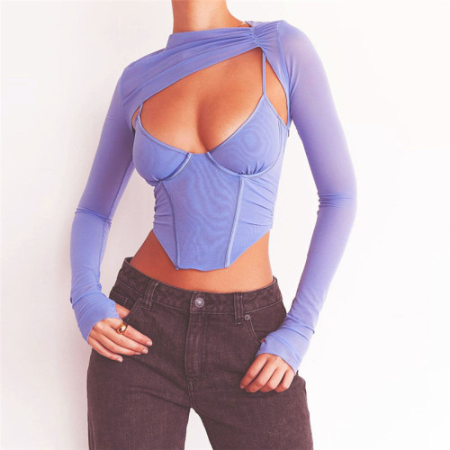 New women's open-back slim vest round neck long-sleeved mesh short cropped navel T-shirt