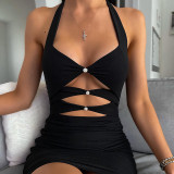 Spring and summer new women's halter neck open back single-breasted sexy hollow see-through mesh dress women