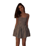 Spring and summer new women's suspenders with a word collar sexy backless houndstooth temperament slim dress