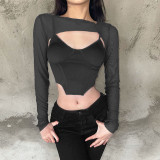 New women's open-back slim vest round neck long-sleeved mesh short cropped navel T-shirt
