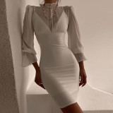 Winter new women's bell sleeves fungus edge stand collar fashion design slim temperament dress