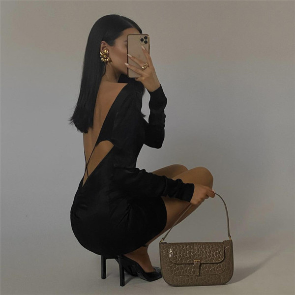 New women's round neck long-sleeved sexy backless slim bag hip long-sleeved dress women