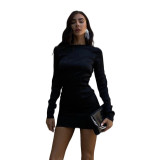 New women's round neck long-sleeved sexy backless slim bag hip long-sleeved dress women