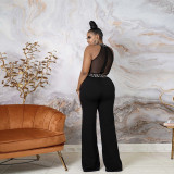 Sleeveless halterneck black solid color mesh see-through jumpsuit professional commuter straight-leg pants