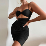 New women's sexy hollow wrinkled fashion slim sling bag hip dress