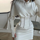 Explosive new hooded lantern long-sleeved sweater bright strip stitching dress