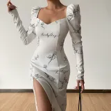 Women's temperament and gentle print square neck high waist slit dress