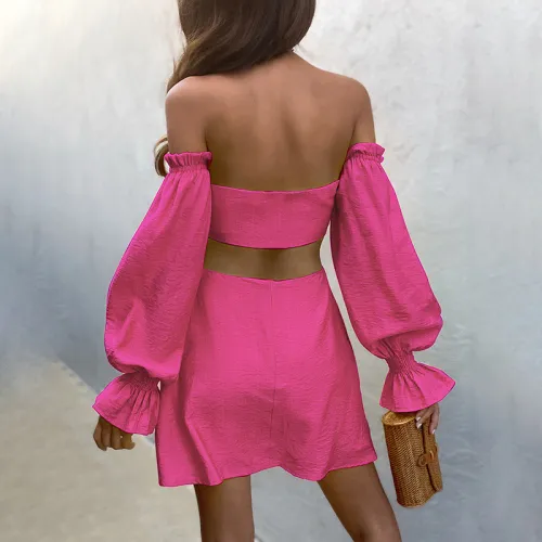 One-shoulder balloon-sleeved cutout sexy skirt dress