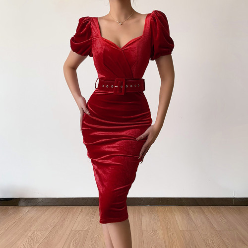 Solid Color Corset Showing Breast Sexy Low Neck Puff Sleeve Velvet Hip Dress