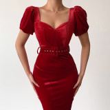 Solid Color Corset Showing Breast Sexy Low Neck Puff Sleeve Velvet Hip Dress