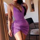 Sexy Cross Gathering Sling Backless V-Neck High Waist Dress