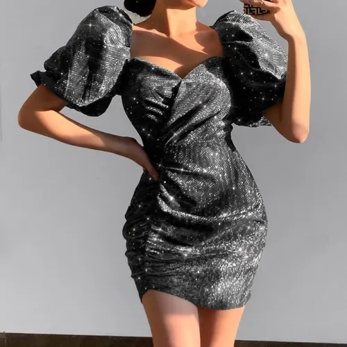 Puff Sleeve Tube Top Gathered High Waist Short Mini Dress