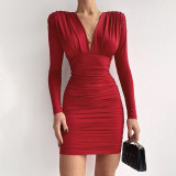 Temperament shoulder pad V-neck sexy slim bag hip dress women