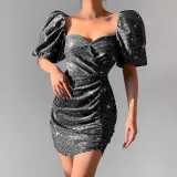 Puff Sleeve Tube Top Gathered High Waist Short Mini Dress