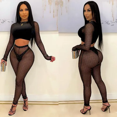 Sexy Perspective Cropped Navel Plush Patchwork Mesh Ladies Pants Set