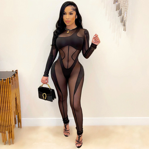 Sexy mesh see-through stitching black jumpsuit nightclub suit S390244