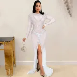 Fashion nightclub hot drill women's mesh see-through long-sleeved slit dress women X5595