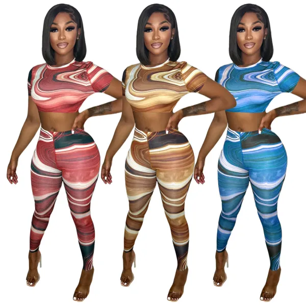 Printed short-sleeved belly button two-piece pencil pants