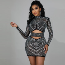 Sexy Perspective Hot Diamond Long Sleeve Dress Nightclub