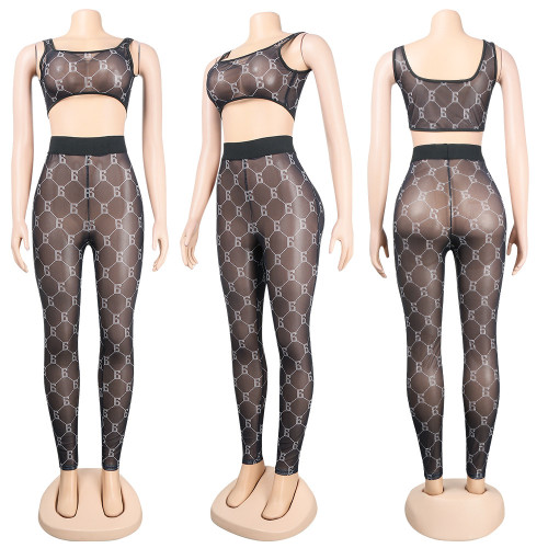 Sexy mesh print two-piece nightclub