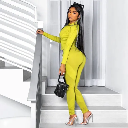 Sexy V-neck long-sleeve zipper two-piece nightclub suit