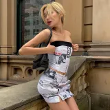 Newspaper Print Backless Pin Sexy Wrap Skirt Set