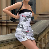 Newspaper Print Backless Pin Sexy Wrap Skirt Set