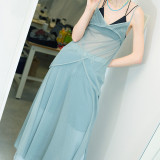 Solid color sexy reversible mesh suspender long dress