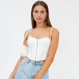 Solid Color Sexy Lace Backless Buckle Cropped Sling Top