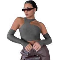 Solid Color Casual Round Neck Cutout Navel Crop Panel Long Sleeve Top